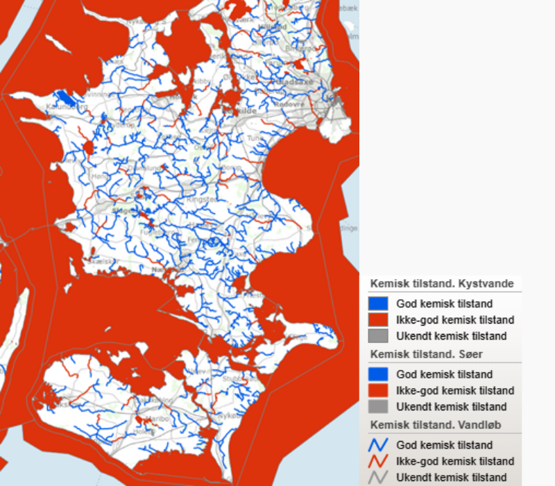 Kort over vores område, som viser den kemiske tilstand i forhold til EU’s Vandrammedirektiv.
