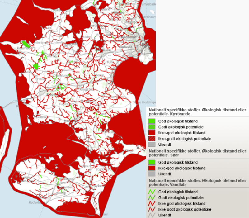 Kort over vores område, som viser den kemiske tilstand i forhold til de nationalspecifikke stoffer (NSPS).